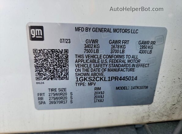 1GKS2CKL1PR445014 2023 GMC YUKON White Widok naklejki z numerem VIN
