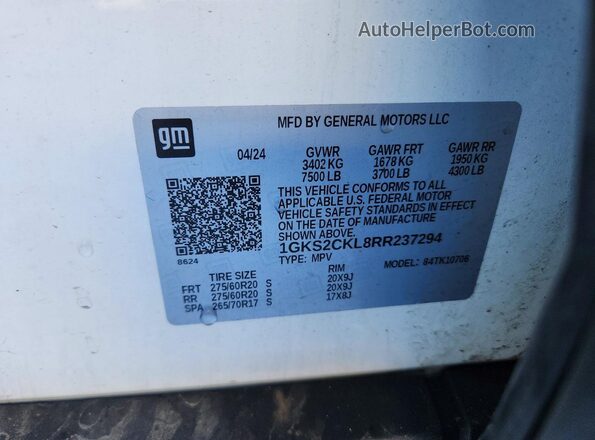 1GKS2CKL8RR237294 2024 GMC YUKON White VIN կոդի պիտակի տեսք