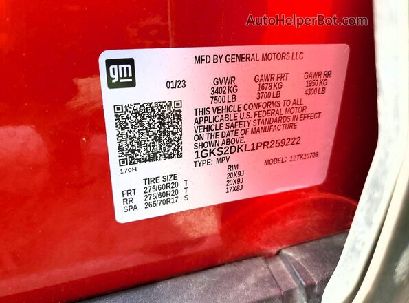 1GKS2DKL1PR259222 2023 GMC YUKON Темно-бордовый Вид наклейки с VIN-кодом