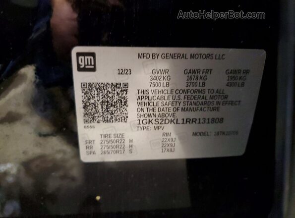 1GKS2DKL1RR131808 2024 GMC YUKON Black Vista de la etiqueta del VIN