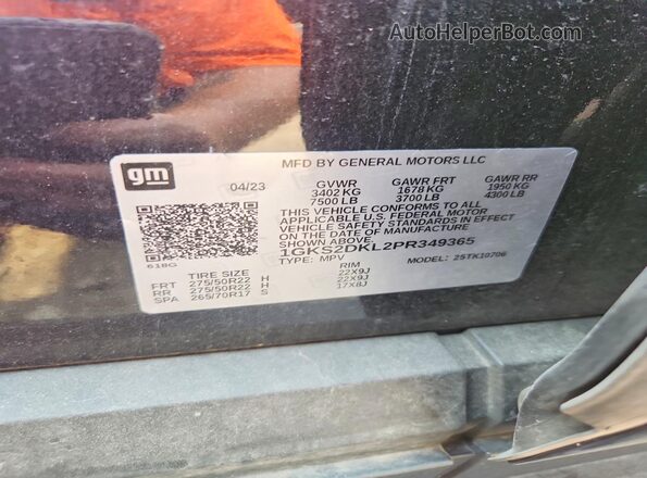 1GKS2DKL2PR349365 2023 GMC YUKON Черный Вид наклейки с VIN-кодом