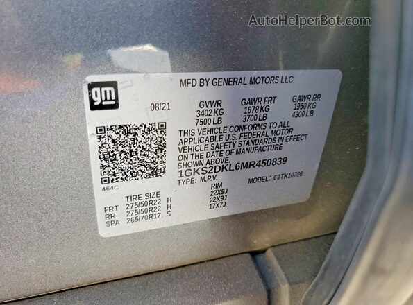 1GKS2DKL6MR450839 2021 GMC YUKON Gray Вид наклейки з VIN-кодом