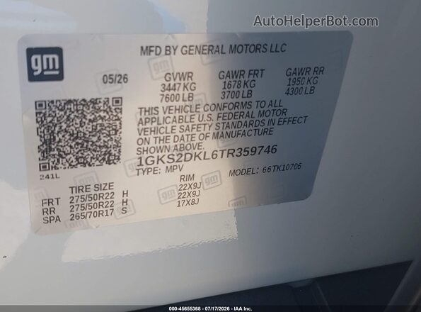 1GKS2DKL6TR359746 2026 GMC YUKON White Vista del compartimento del motor