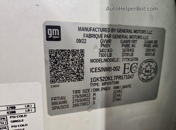 1GKS2DKL7PR171047 2023 GMC YUKON White VIN sticker view