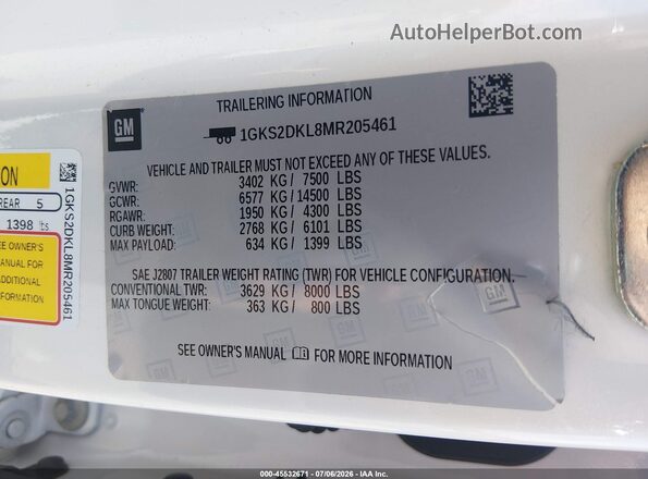1GKS2DKL8MR205461 2021 GMC YUKON White Вид підкапотного простору
