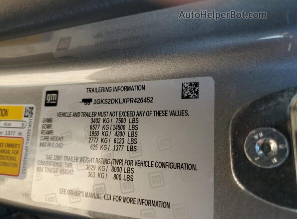 1GKS2DKLXPR426452 2023 GMC YUKON Silver VIN კოდის სტიკერის ხედი