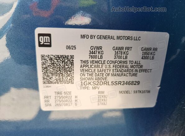 1GKS2DRL5SR346829 2025 GMC YUKON Blue Vista de la etiqueta del VIN