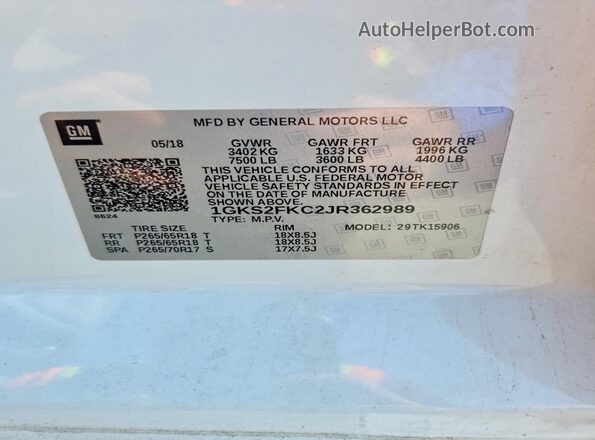1GKS2FKC2JR362989 2018 GMC YUKON White Widok naklejki z numerem VIN