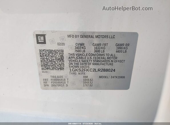 1GKS2FKC2LR288024 2020 GMC YUKON White ძრავის განყოფილების ხედი