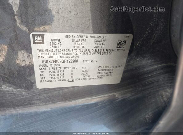 1GKS2FKC9GR192980 2016 GMC YUKON Black Widok komory silnika