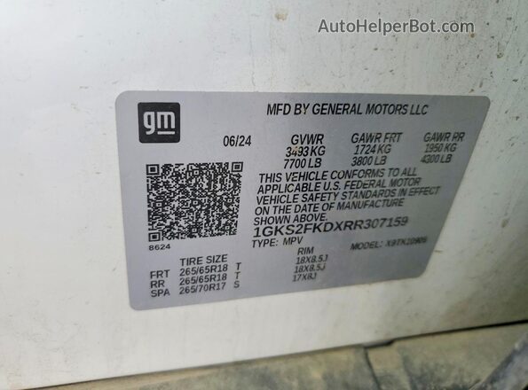 1GKS2FKDXRR307159 2024 GMC YUKON White Vista de la etiqueta del VIN