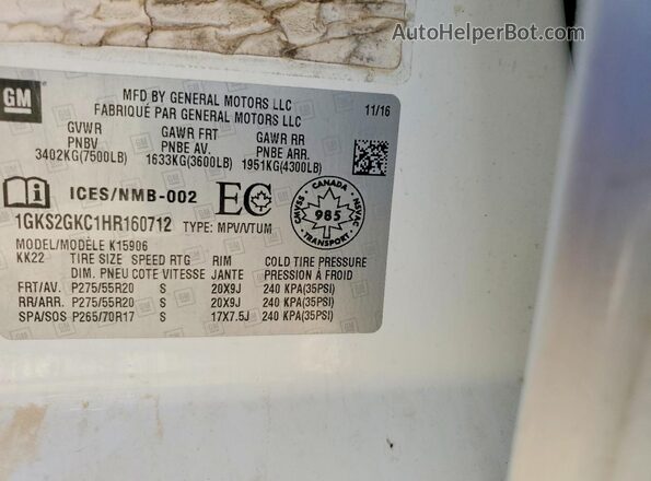 1GKS2GKC1HR160712 2017 GMC YUKON White Widok naklejki z numerem VIN