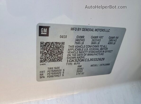 1GKS2GKC1JR332629 2018 GMC YUKON White Вид наклейки з VIN-кодом