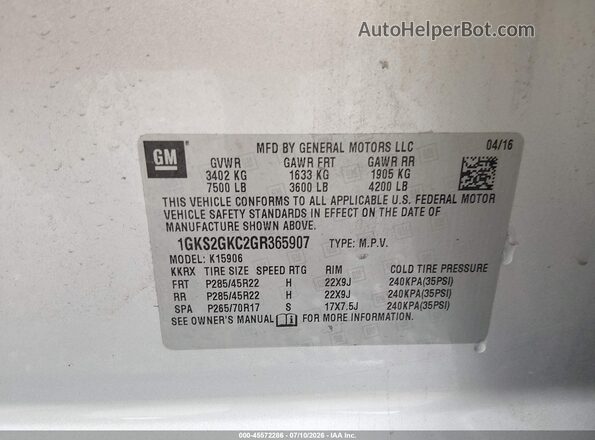 1GKS2GKC2GR365907 2016 GMC YUKON Silver Vista del compartimento del motor