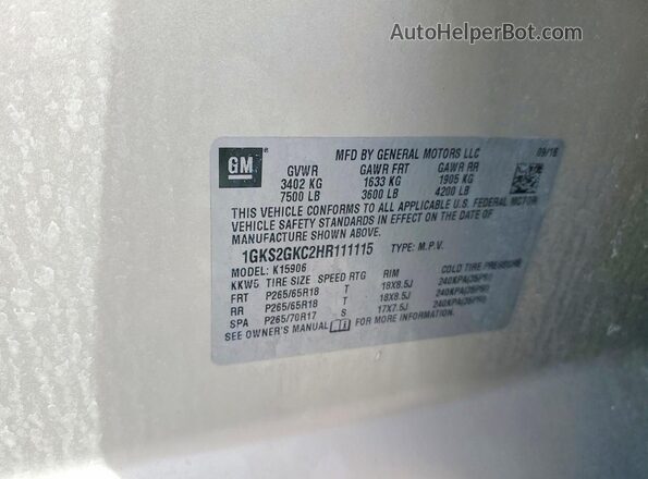1GKS2GKC2HR111115 2017 GMC YUKON Gold Widok naklejki z numerem VIN