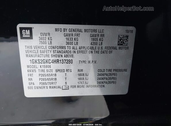 1GKS2GKC4HR137280 2017 GMC YUKON Black ძრავის განყოფილების ხედი