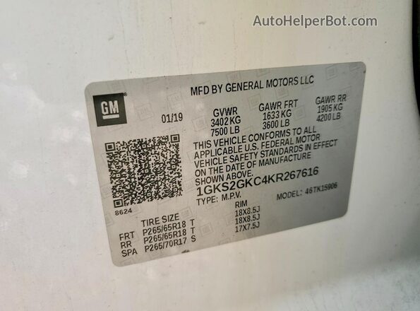 1GKS2GKC4KR267616 2019 GMC YUKON White VIN კოდის სტიკერის ხედი