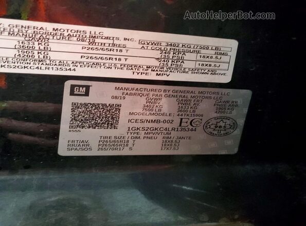 1GKS2GKC4LR135344 2020 GMC YUKON Black VIN կոդի պիտակի տեսք