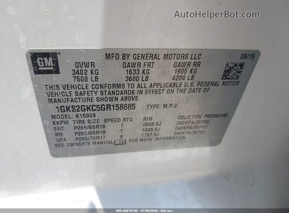 1GKS2GKC5GR158685 2016 GMC YUKON White Շարժիչի բաժամունքի տեսք