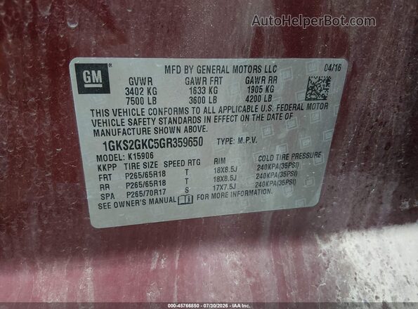1GKS2GKC5GR359650 2016 GMC YUKON Red Вид підкапотного простору