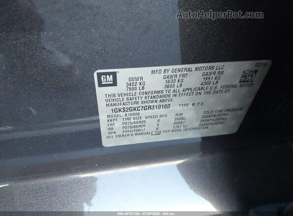 1GKS2GKC7GR310160 2016 GMC YUKON Gray Вид підкапотного простору