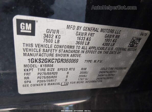 1GKS2GKC7GR360069 2016 GMC YUKON Black Widok komory silnika