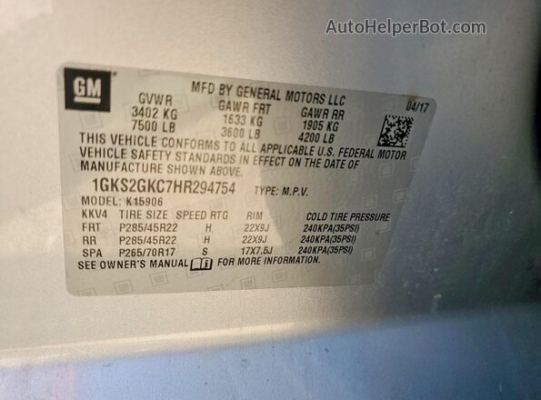1GKS2GKC7HR294754 2017 GMC YUKON Silver Widok naklejki z numerem VIN