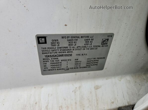 1GKS2GKC8HR189298 2017 GMC YUKON White Vista de la etiqueta del VIN