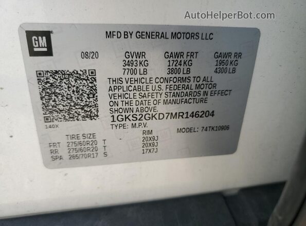 1GKS2GKD7MR146204 2021 GMC YUKON White Vista de la etiqueta del VIN