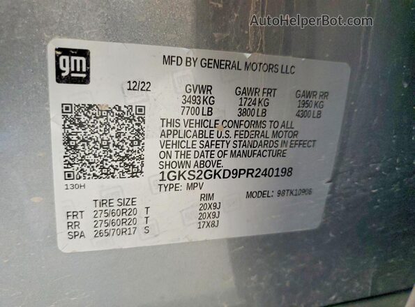 1GKS2GKD9PR240198 2023 GMC YUKON Silver VIN კოდის სტიკერის ხედი