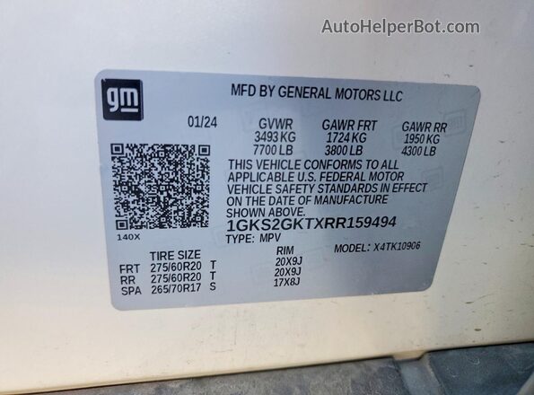 1GKS2GKTXRR159494 2024 GMC YUKON White VIN კოდის სტიკერის ხედი