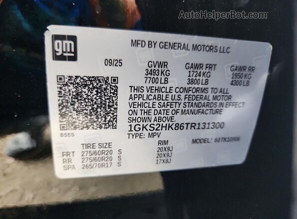 1GKS2HK86TR131300 2026 GMC YUKON Черный Вид наклейки с VIN-кодом