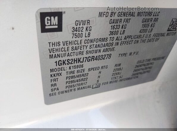 1GKS2HKJ7GR403278 2016 GMC YUKON White Вид підкапотного простору