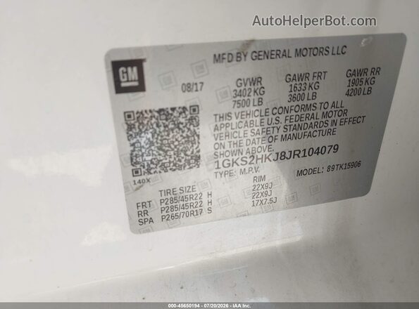 1GKS2HKJ8JR104079 2018 GMC YUKON White Engine compartment view