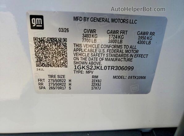 1GKS2JKL0TR306099 2026 GMC YUKON White Widok wnętrza 360 stopni