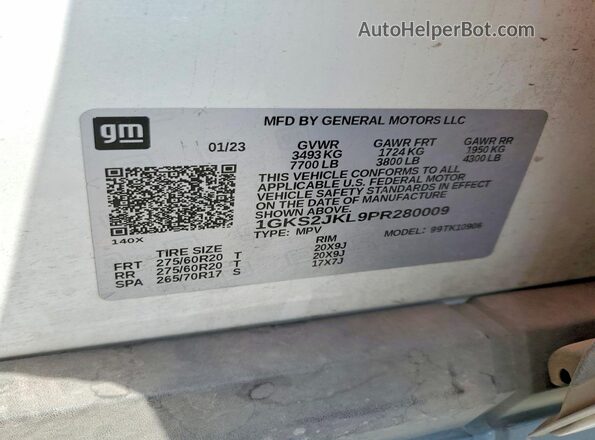 1GKS2JKL9PR280009 2023 GMC YUKON White VIN կոդի պիտակի տեսք