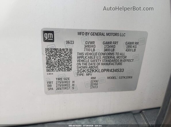 1GKS2KKL0PR434533 2023 GMC YUKON White Շարժիչի բաժամունքի տեսք