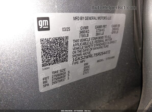 1GKS2WRL7SR254472 2025 GMC YUKON Gray Շարժիչի բաժամունքի տեսք