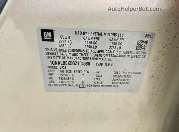 1GNALBEK5GZ104580 2016 CHEVROLET EQUINOX Gold Vista de la etiqueta del VIN