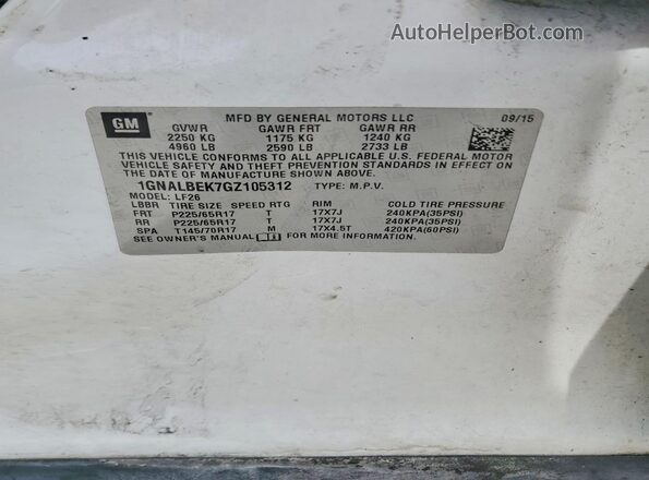 1GNALBEK7GZ105312 2016 CHEVROLET EQUINOX White Вид наклейки з VIN-кодом