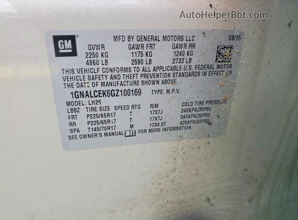 1GNALCEK6GZ100169 2016 CHEVROLET EQUINOX Silver VIN sticker view