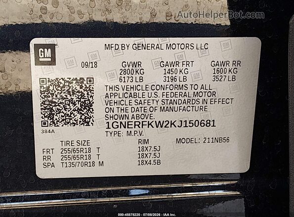 1GNERFKW2KJ150681 2019 CHEVROLET TRAVERSE Black Շարժիչի բաժամունքի տեսք