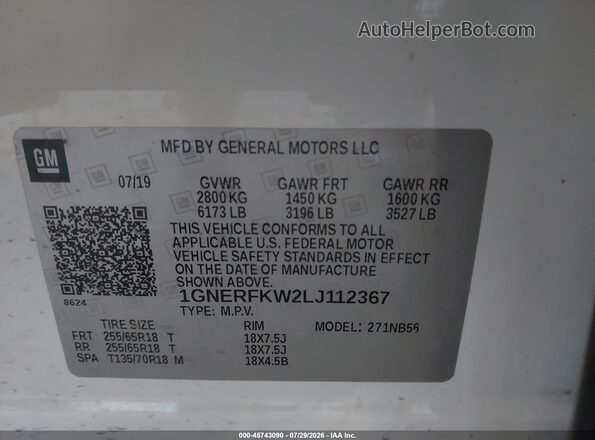 1GNERFKW2LJ112367 2020 CHEVROLET TRAVERSE Белый Вид подкапотного пространства