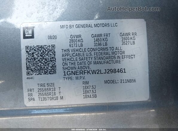 1GNERFKW2LJ298461 2020 CHEVROLET TRAVERSE Gray Вид підкапотного простору