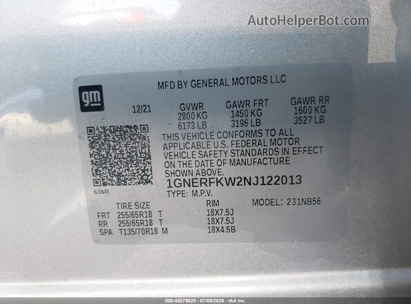 1GNERFKW2NJ122013 2022 CHEVROLET TRAVERSE Silver Widok komory silnika