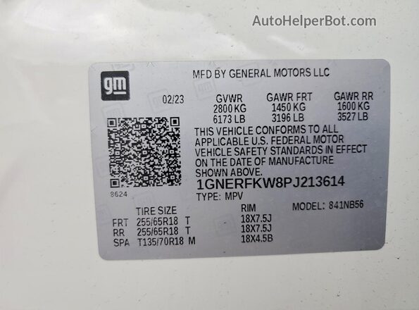 1GNERFKW8PJ213614 2023 CHEVROLET TRAVERSE Белый Вид наклейки с VIN-кодом
