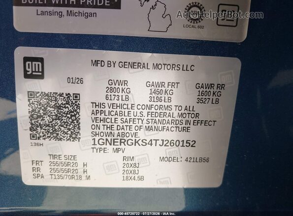 1GNERGKS4TJ260152 2026 CHEVROLET TRAVERSE Blue Շարժիչի բաժամունքի տեսք