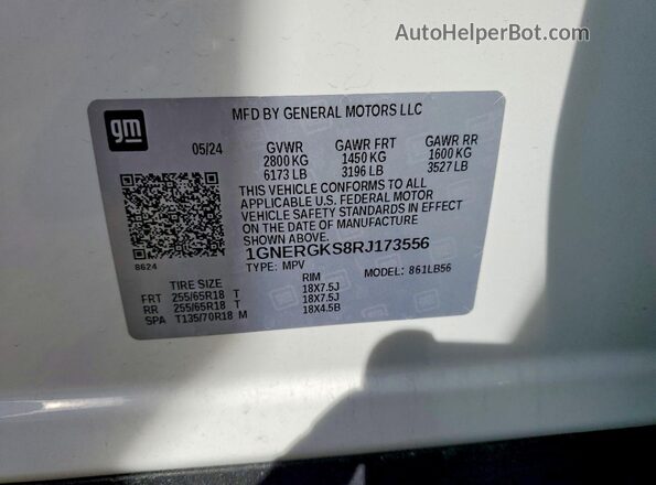 1GNERGKS8RJ173556 2024 CHEVROLET TRAVERSE White VIN sticker view