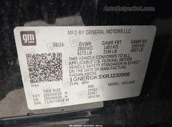 1GNERGKSXRJ230906 2024 CHEVROLET TRAVERSE Black Вид підкапотного простору