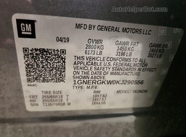 1GNERGKW0KJ290556 2019 CHEVROLET TRAVERSE Gray VIN sticker view
